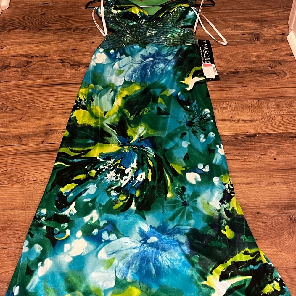 Masquerade Dress Womens 1/2 Green Blue Maxi Floral Gown Whimsy Fairy Prom Y2K - Picture 10 of 15